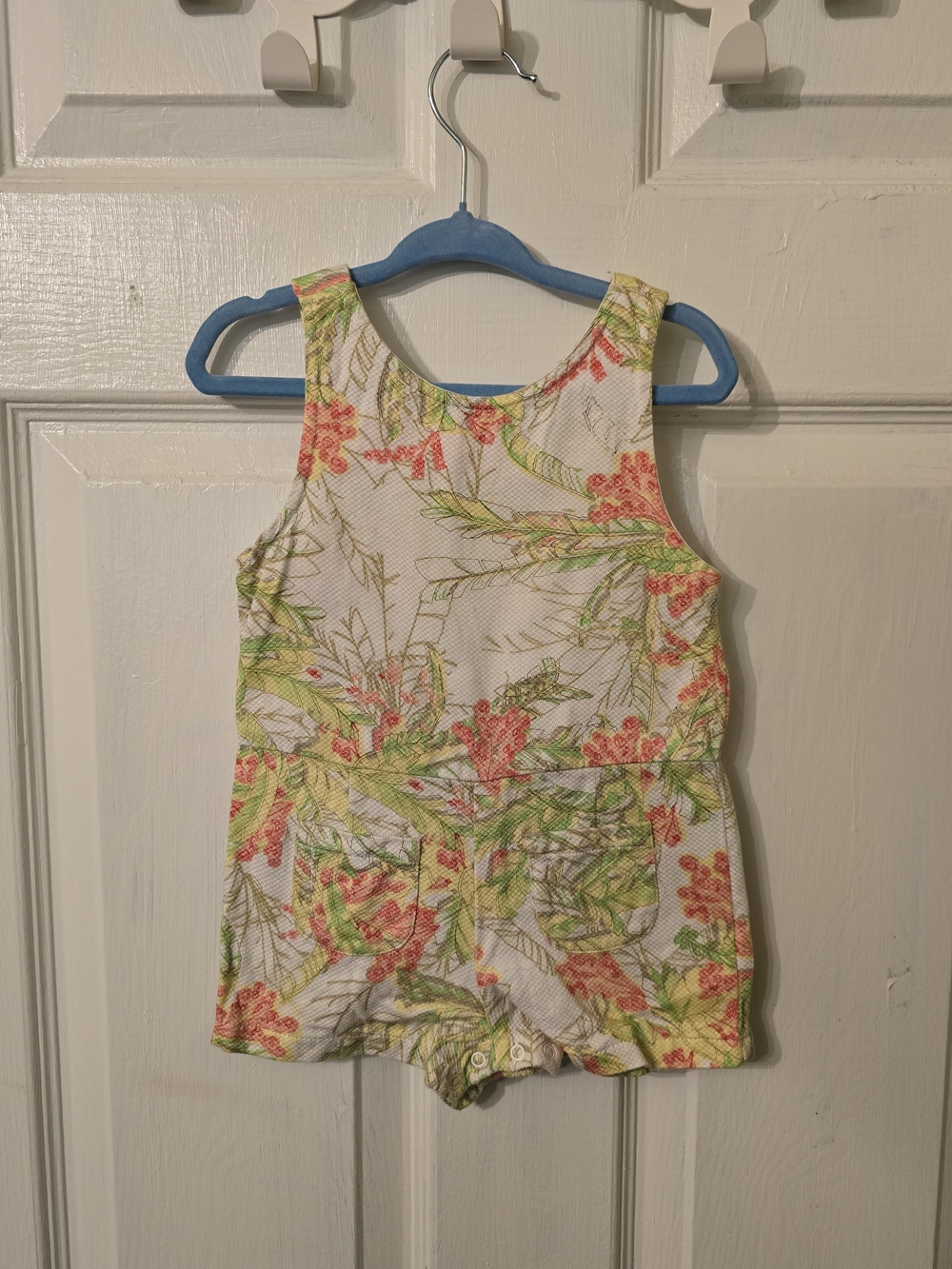 Girls' Floral Tank Romper - White with Green & Coral Accents